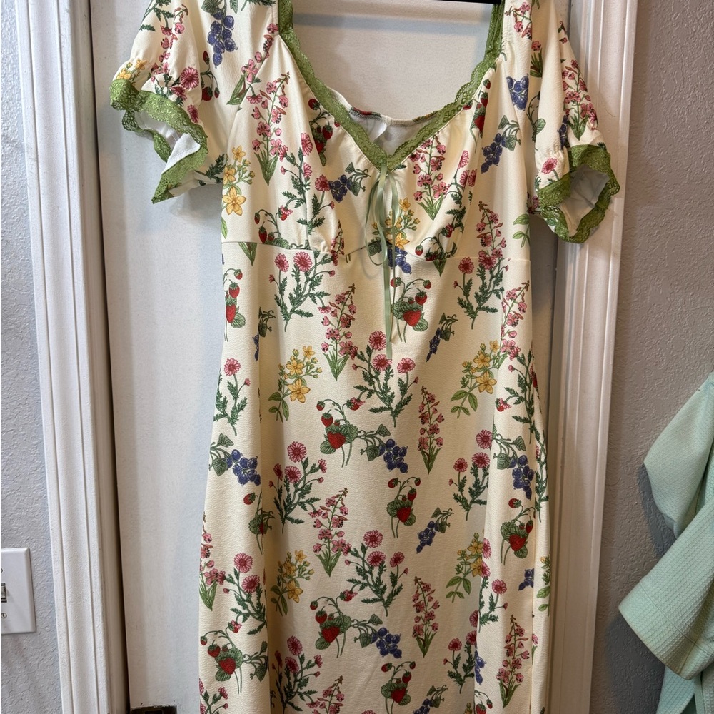 Floral Cream Dress with Green Accents
